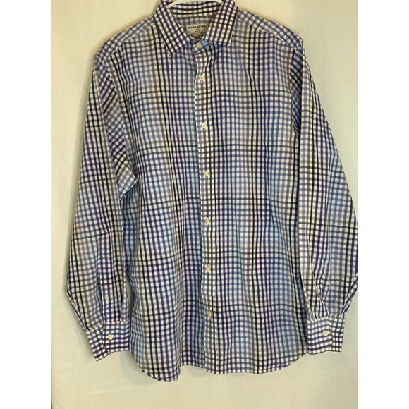 Banana Republic Mens Button Down Long Sleeve Shirt 17.5 Slim Fit Blue Plaid - Picture 2 of 8